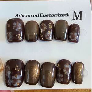 Brown & Gold Floral Cat Eye Square | Press on Nails - Handmade | Sz Medium